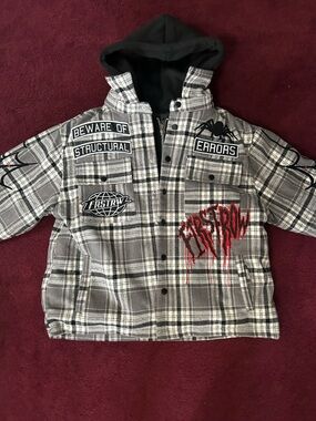FIRST ROW-Gray Plaid Hooded Jacket with Graphic Patches NWT 🔥